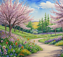 Blooming garden landscape, painting Watercolor hand drawing bright colors sunset, trees, bushes and flowers poster.bright and cheerful watercolor scene of a blooming meadow in spring,.generative ai