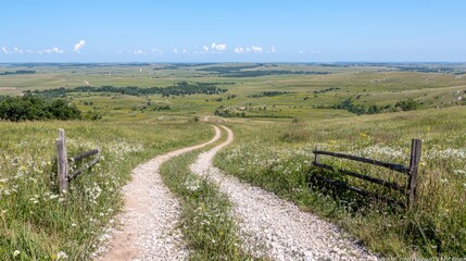 Rural gravel road descends into scenic valley