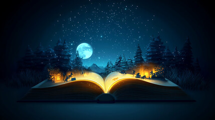 A glowing interactive book where pages unfold to reveal animated scenes, dynamically adapting to the reader’s touch.