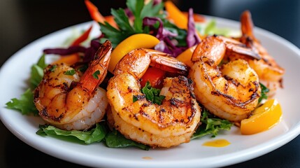 Juicy grilled shrimp are artists highlights, resting atop a bed of crisp lettuce and vibrant vegetables, showcasing a deliciously colorful meal for seafood lovers