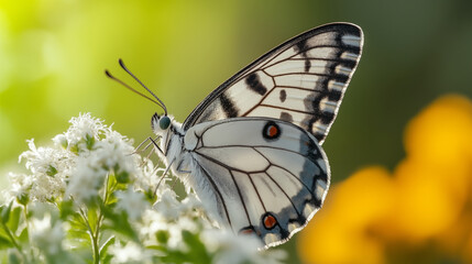 Obraz premium White butterfly perched on delicate flower with detailed wing pattern, macro nature photography showing intricate markings