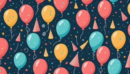 vibrant party celebration seamless pattern with balloons confetti and party horns in flat design