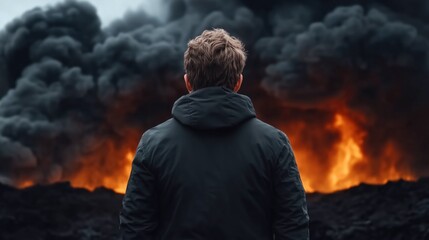 Obraz premium man stands with his back to the viewer, gazing at a volcanic eruption displaying orange lava and billowing black smoke against a somber sky. setting creates a powerful atmosphere