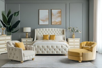 Obraz premium Elegant Bedroom Interior Design with Cream Upholstery