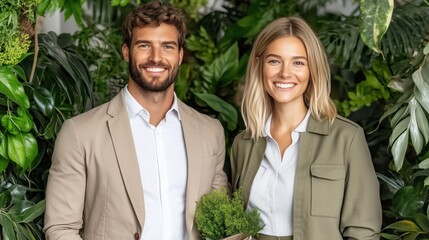 couple stands side by side in a vibrant indoor garden filled with various green plants. They are both smiling warmly, showcasing their joy and connection, while holding a small potted plant