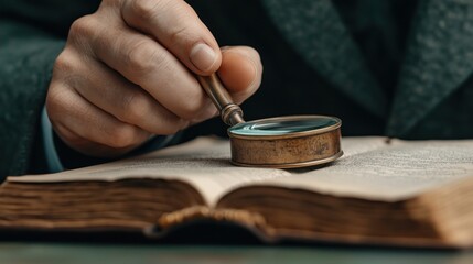 person in a formal suit closely inspects the pages of an antique book with a magnifying glass, highlighting a focus on research and exploration in a scholarly atmosphere