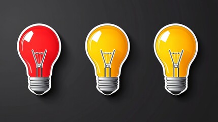 Three lightbulbs in red, yellow, and gold on a dark background. Ideas, innovation, and solutions.