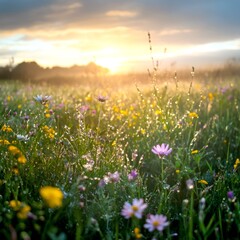 A beautiful meadow filled with colorful wildflowers at sunrise. The soft light creates a serene atmosphere. A perfect scene for nature lovers and photographers. AI