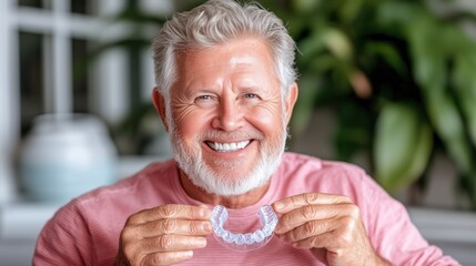 joyful older man displays a clear dental aligner in his hands, showcasing his bright smile. backdrop features a comfortable home environment adorned with indoor plants