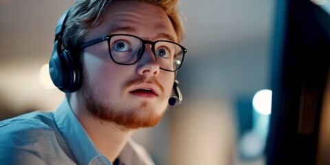 Young man with glasses focused on computer screen. He wears a headset for communication. Ideal for tech or support related visuals. The style is modern and engaging. AI