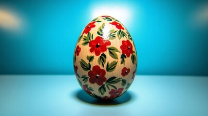 Decorative Easter egg with red floral patterns on a wooden surface against a vibrant blue background, symbolizing spring celebration