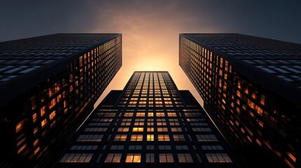 Tall modern buildings rise against a vibrant sunset, casting striking silhouettes and reflecting warm colors in their glass windows, creating a captivating urban landscape