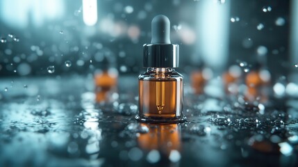 A sleek glass dropper bottle resting on a reflective surface, with droplets of water adding a sophisticated touch, ideal for cosmetics or essential oils.