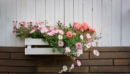 delicate flower petals spill from a charming white wooden planter on a garden wall garden wall wooden flowers