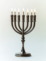 A traditional Hanukkah menorah, symbolizing the Jewish Festival of Lights. Features nine candle holders.