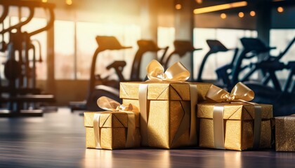 golden gift boxes with shiny ribbons blurred gym background