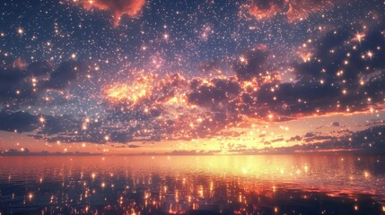 Fototapeta premium Serene Sunset Over Calm Water with Stars and Clouds in Sky