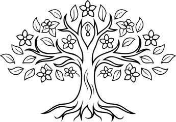 Obraz premium Intricate Tree of Life with Roots and Branches Line Art Vector Design