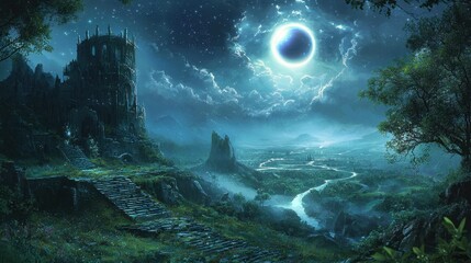 Obraz premium Mysterious Fantasy Landscape with Ruins and Celestial Phenomenon