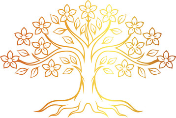 Golden Gradient Tree of Life Line Art with Roots and Branches Vector Design