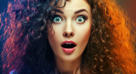 Fototapeta premium Surprised woman with curly hair expressing shock and excitement