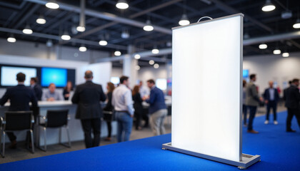 Blank pop-up banner in trade show booth, indoor branding presence, Mockup