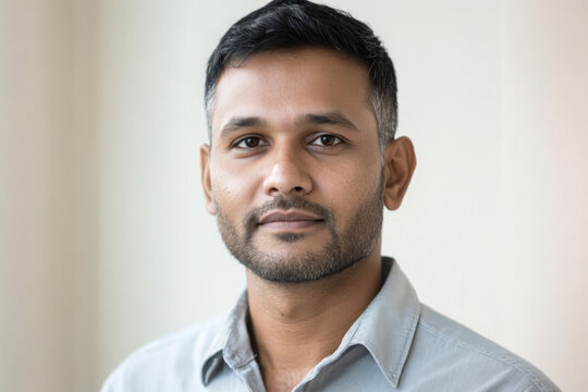 Young businessman. Head shot portrait profile picture at social media handsome bearded casual millennial man posing at home or in work office looking at camera feeling serious ambitious self confident