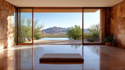 An elegant interior space featuring large windows that frame a stunning view of mountains and serene outdoor scenery, representing modern design and nature's beauty.