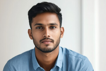 Young businessman. Head shot portrait profile picture at social media handsome bearded casual millennial man posing at home or in work office looking at camera feeling serious ambitious self confident