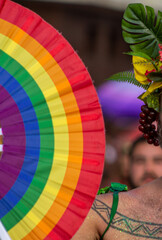 Obraz premium Leque com as cores do arco íris simbolizando a comunidade gay no Carnaval de Rua de São Paulo. 