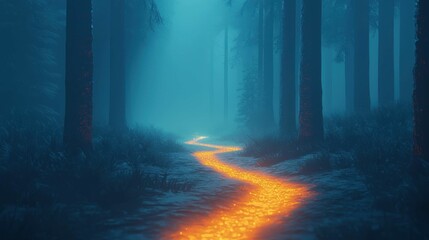Enigmatic Forest Path with Glowing Orange Stream of Light