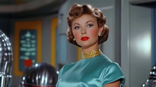 Retro-futuristic fashion portrait of a woman with elegant vintage hairstyle and teal dress, embodying 1950s sci-fi aesthetics
