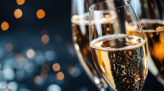 A close-up of sparkling champagne glasses captures the essence of celebration, emphasizing shared joyous moments during important gatherings and festivities.