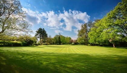 beautiful blurred heritage photo of spring nature with a smartly trimmed lawn surrounded by means of trees against a blue sky with clouds on a vivid sunny day generative ai