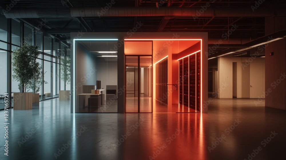 Poster a darkly lit image of a data center showcasing multiple rows of active server racks. this setting em