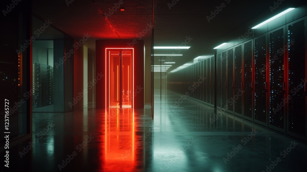 Poster a shot of a data center featuring numerous rows of fully operational server racks, representing mode