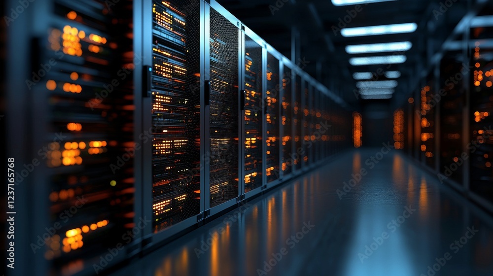 Poster a scene capturing a data center featuring numerous rows of fully functional server racks, embodying 