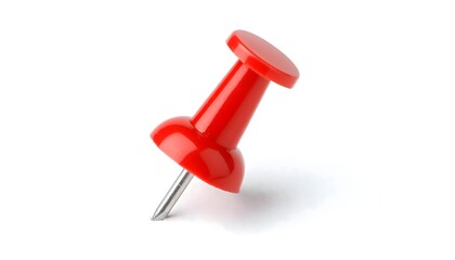 Red push pin stuck in isolated on white background. Thumbtack mockup