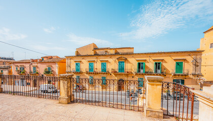 Noto, with the Basilica Minore di San Nicolo and Palazzo Ducezio, Sicily, Italy.