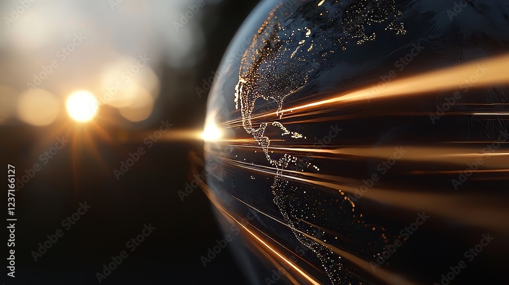 Poster a globe planet depicted in 3d through digital dot geometry, accompanied by an abstract binary data s
