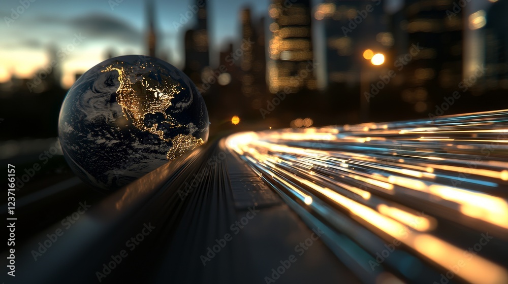 Poster a 3d rendering of a globe planet composed of digital dots in geometric form, along with an abstract 