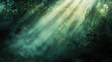 Ethereal Light Beams Filtering Through Lush Green Forest Canopy
