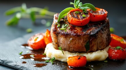 This tantalizing image captures a beautifully grilled steak garnished with fresh tomatoes, set on a slate plate that accentuates its gourmet presentation and flavors.