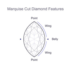 Marquise cut precious gemstone anatomy, parts and their names. Outline icon with editable stroke