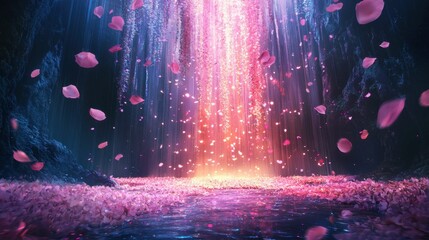 Magical Waterfall Surrounded by Pink Petals in Enchanted Forest