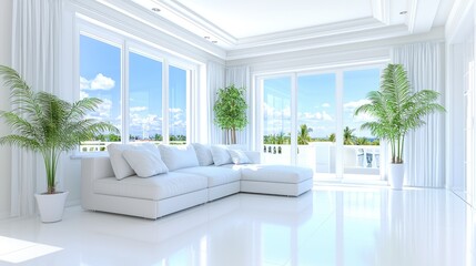 Modern white living room, ocean view, bright sunlight, luxury home interior design