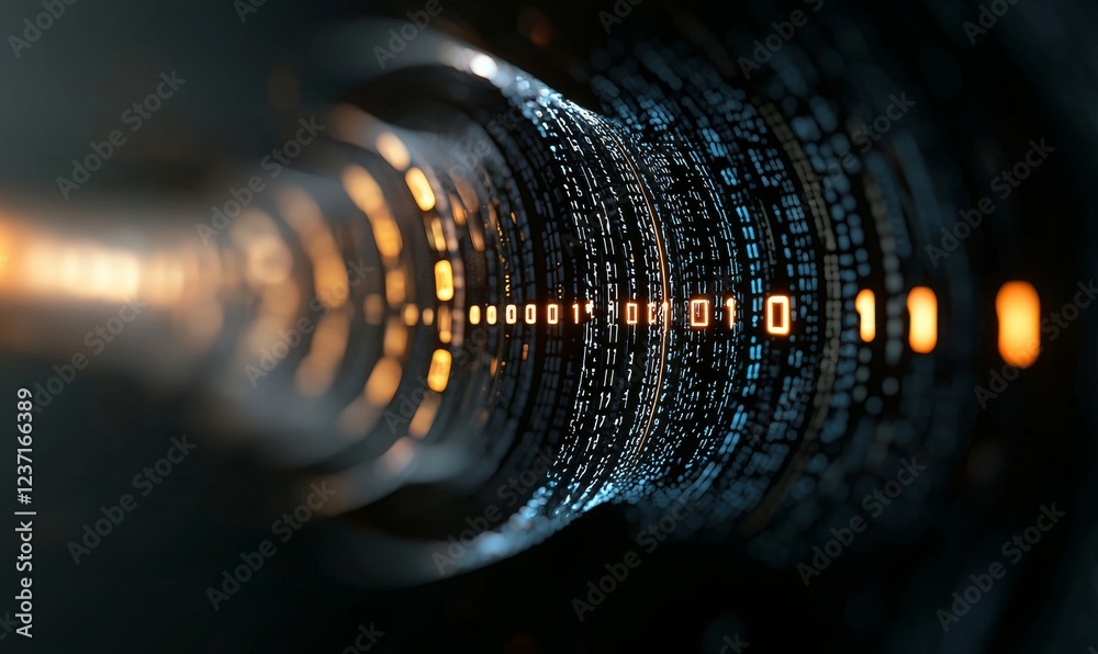 Poster a 3d depiction of a binary tunnel illuminated by led lights, representing ideas related to data mini