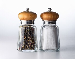 wooden salt and pepper grinders with glass jars filled with white salt and black peppercorns on a clear or white background
