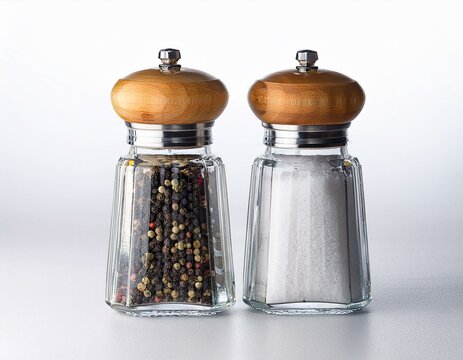 wooden salt and pepper grinders with glass jars filled with white salt and black peppercorns on a clear or white background