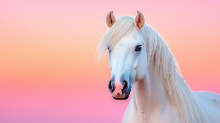 Obraz premium White horse portrait, sunset backdrop, peaceful equine beauty, website banner